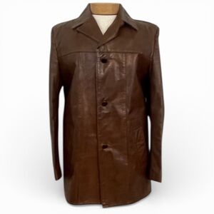 Vintage 70s Leather Coat Men’s L Mid Thigh Button Down Faux Fur Removable Lining